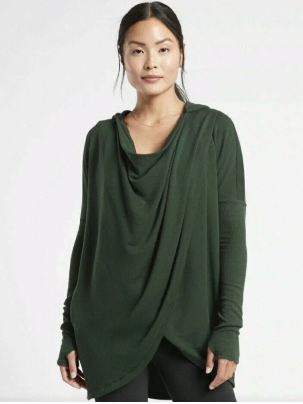 Athleta Purana Wrap Sweatshirt Hooded Size Small Green Drape Cowl Neck